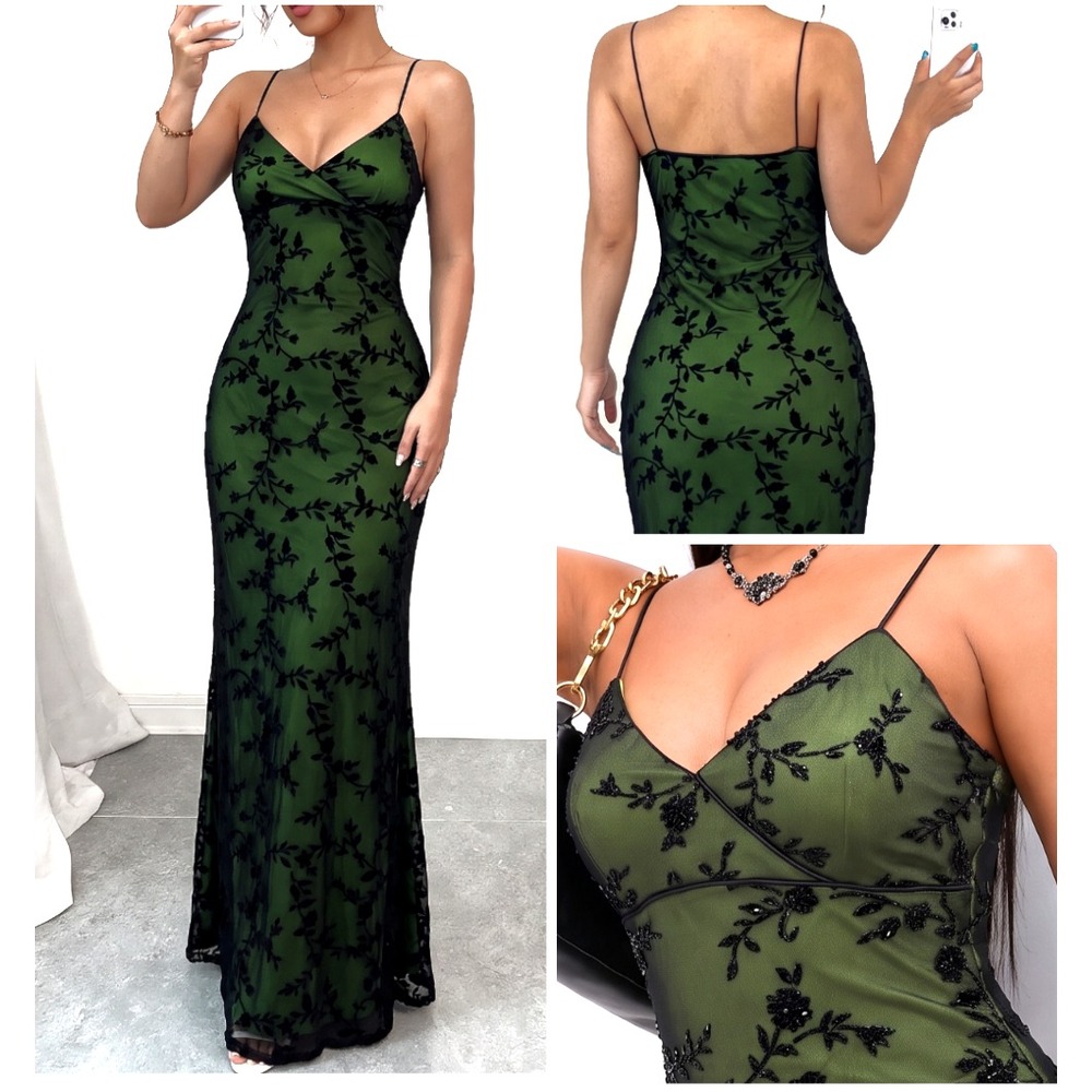 y2k Babydoll Maxi Gown 10 Black Mesh Velvet over Green Whimsogoth Fairy Goth 90s